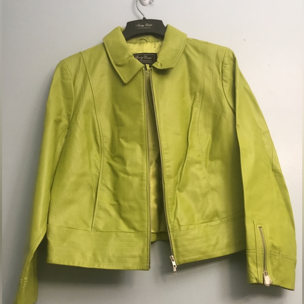 TERRY LEWIS Green Leather Cropped Jacket with Zipper - Picture 7 of 16